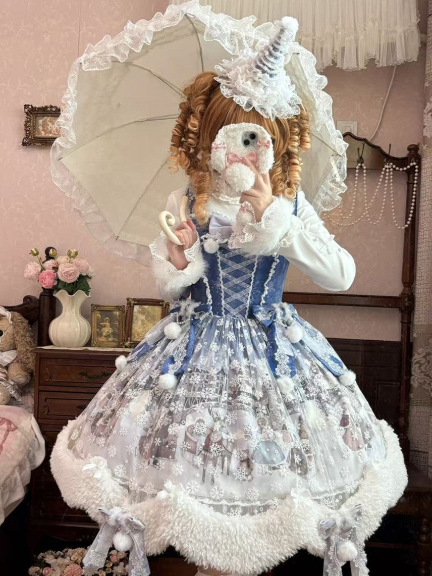 The Time Of Snowdrops Snowflake Print Velour Lolita JSK Dress - LolitaEra
