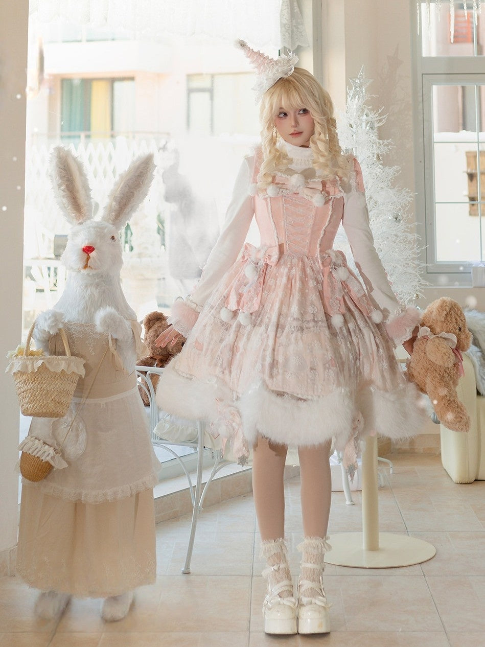 The Time Of Snowdrops Snowflake Print Velour Lolita JSK Dress - LolitaEra