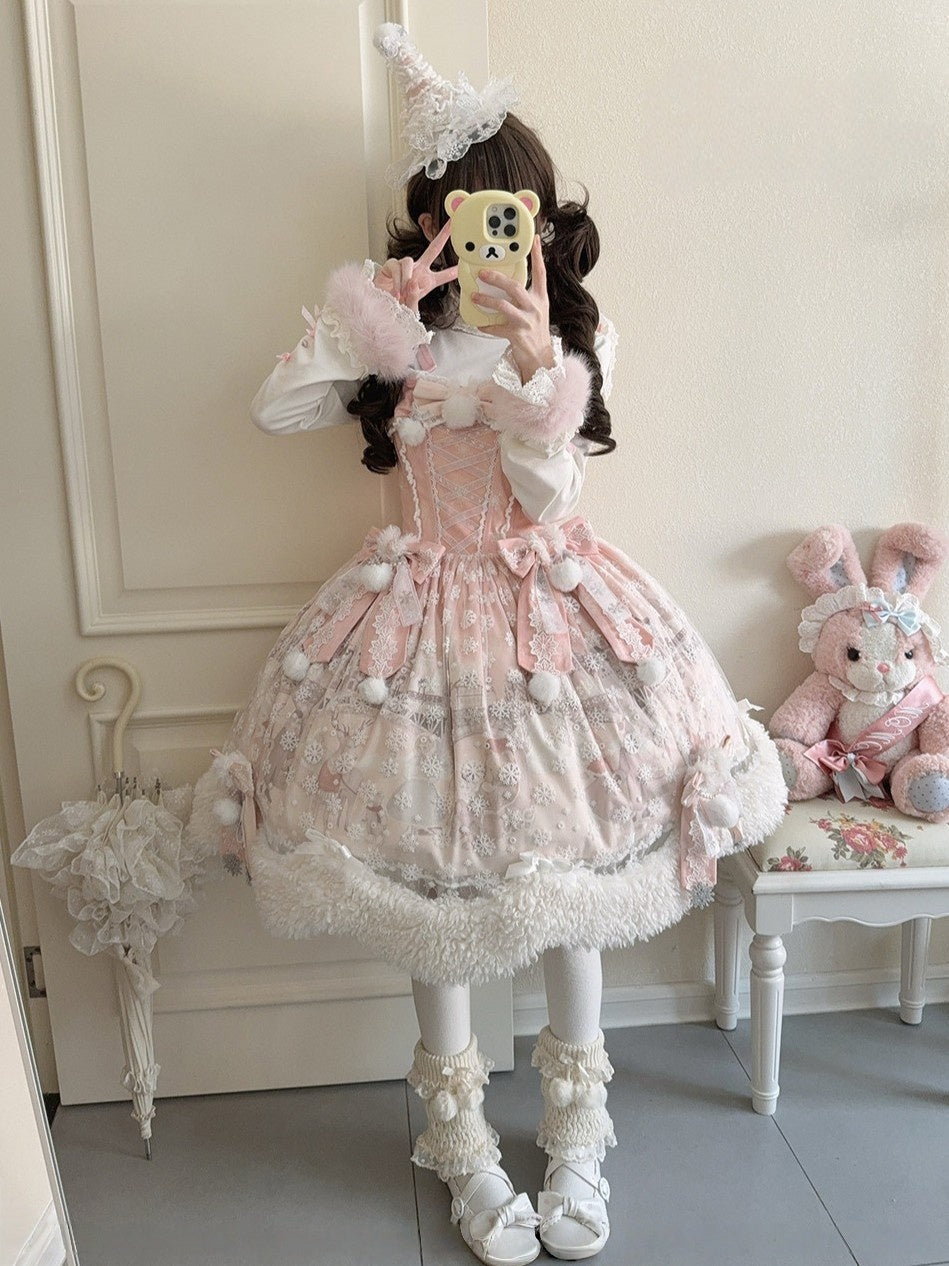 The Time Of Snowdrops Snowflake Print Velour Lolita JSK Dress - LolitaEra
