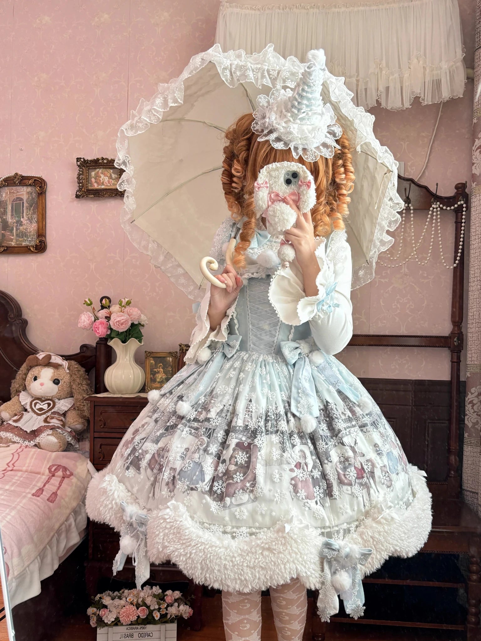 The Time Of Snowdrops Snowflake Print Velour Lolita JSK Dress - LolitaEra