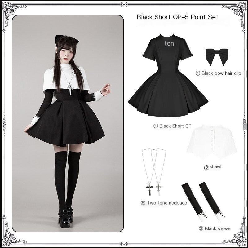 Vanitas Nun Style Flared Hem Twin Lolita Black OP Set - LolitaEraBlack Short SetSVanitas Nun Style Flared Hem Twin Lolita Black OP Set