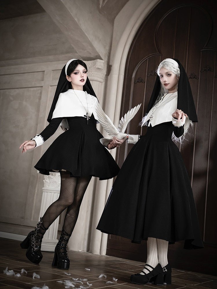 Vanitas Nun Style Flared Hem Twin Lolita Black OP Set - LolitaEraBlack Short SetSVanitas Nun Style Flared Hem Twin Lolita Black OP Set