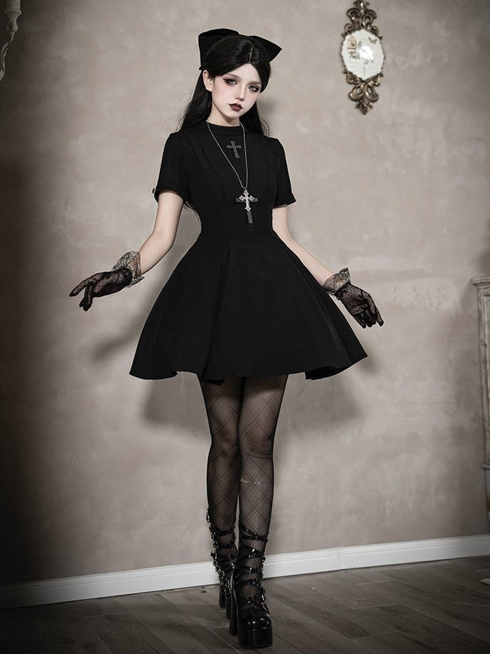 Vanitas Nun Style Flared Hem Twin Lolita Black OP Set - LolitaEraBlack Short SetSVanitas Nun Style Flared Hem Twin Lolita Black OP Set