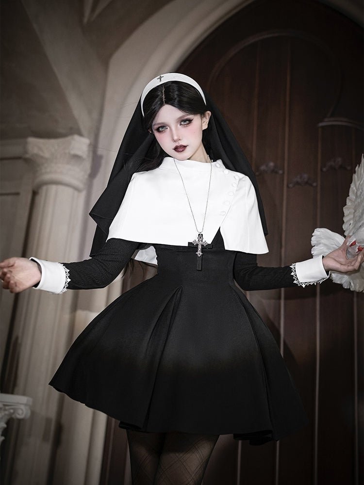 Vanitas Nun Style Flared Hem Twin Lolita Black OP Set - LolitaEraBlack Short SetSVanitas Nun Style Flared Hem Twin Lolita Black OP Set