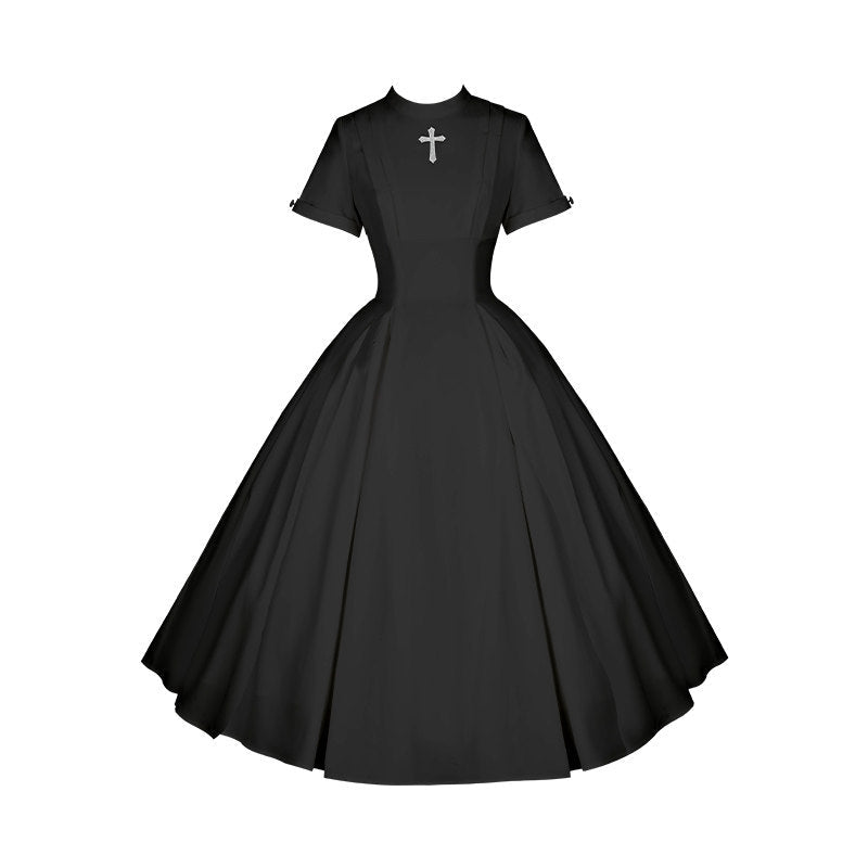 Vanitas Nun Style Flared Hem Twin Lolita Black OP Set - LolitaEraBlack Long OPSVanitas Nun Style Flared Hem Twin Lolita Black OP Set