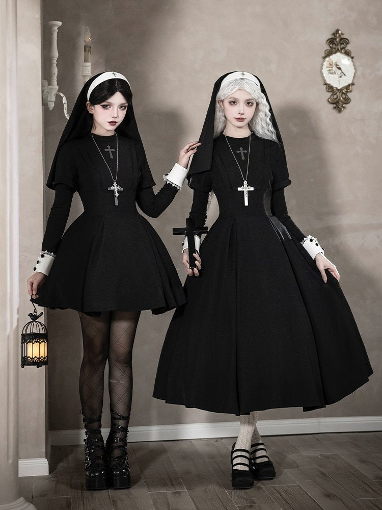 Vanitas Nun Style Flared Hem Twin Lolita Black OP Set - LolitaEraBlack Short SetSVanitas Nun Style Flared Hem Twin Lolita Black OP Set