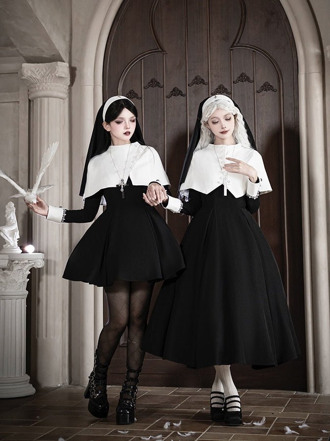 Vanitas Nun Style Flared Hem Twin Lolita Black OP Set - LolitaEraBlack Short SetSVanitas Nun Style Flared Hem Twin Lolita Black OP Set