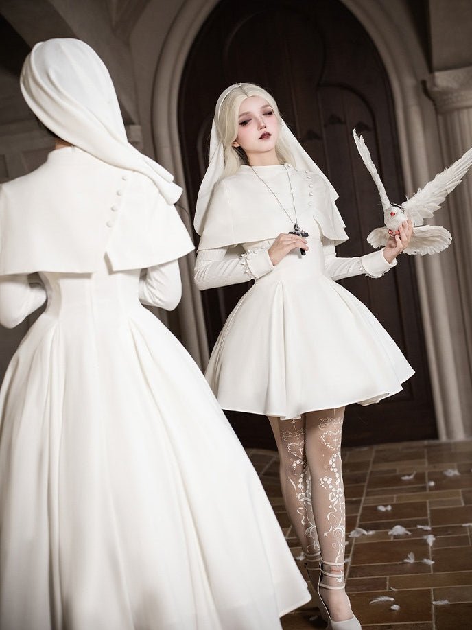 Vanitas Nun Style Flared Hem Twin Lolita White OP Set - LolitaEraWhite Short SetSVanitas Nun Style Flared Hem Twin Lolita White OP Set