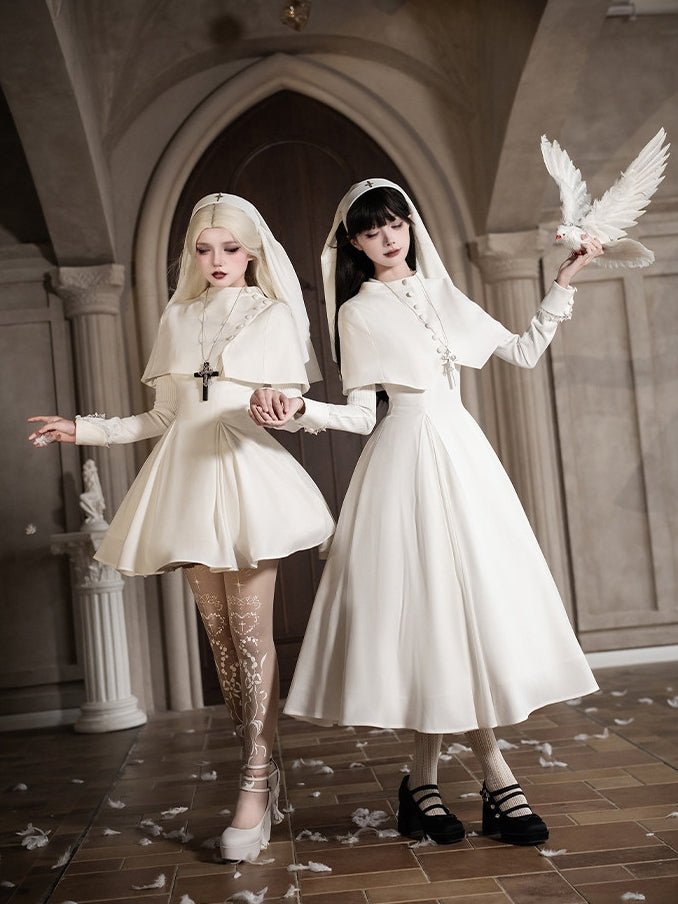 Vanitas Nun Style Flared Hem Twin Lolita White OP Set - LolitaEraWhite Short SetSVanitas Nun Style Flared Hem Twin Lolita White OP Set