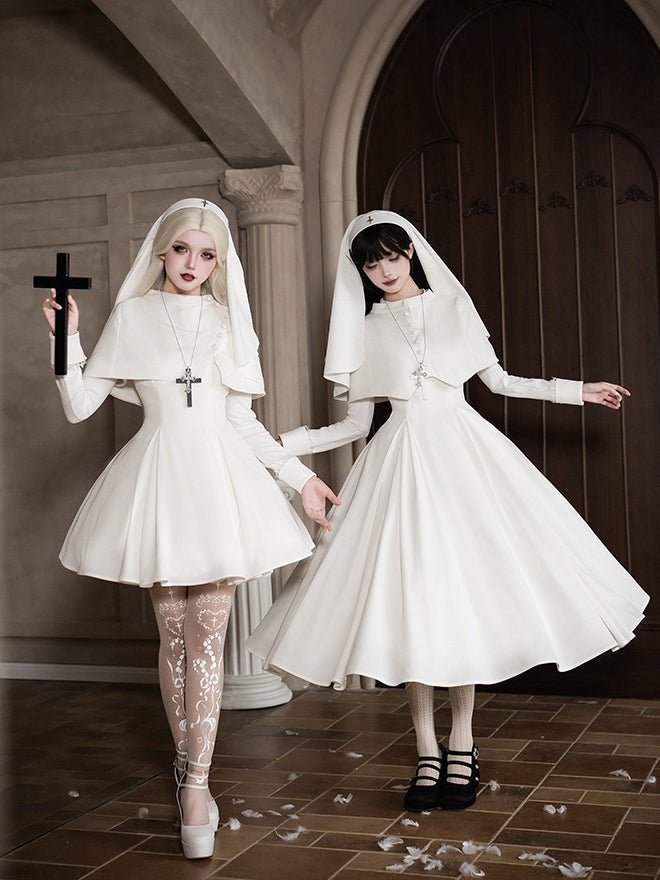 Vanitas Nun Style Flared Hem Twin Lolita White OP Set - LolitaEraWhite Short SetSVanitas Nun Style Flared Hem Twin Lolita White OP Set