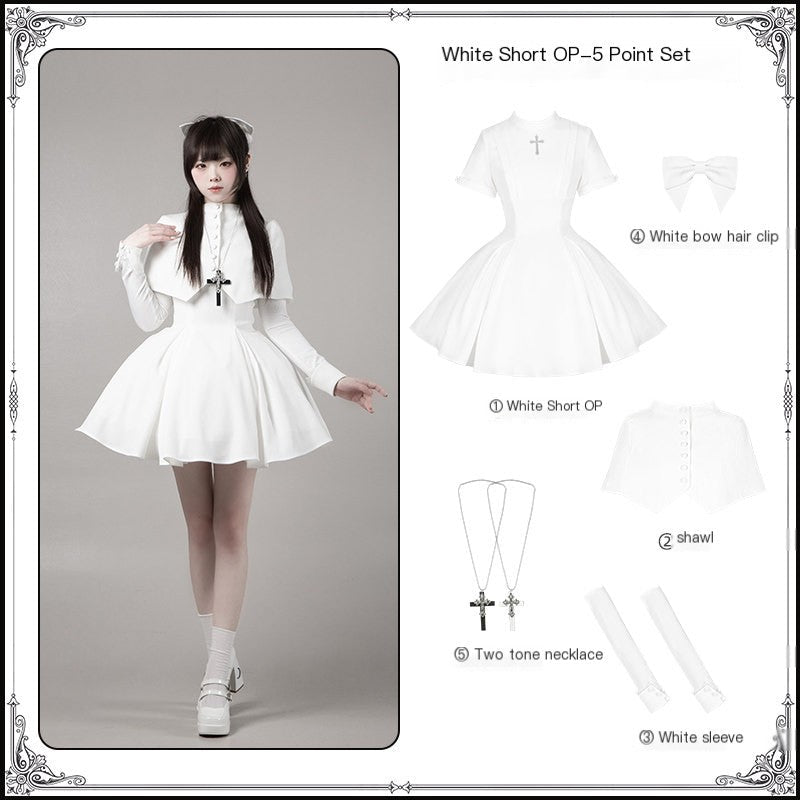 Vanitas Nun Style Flared Hem Twin Lolita White OP Set - LolitaEraWhite Short SetSVanitas Nun Style Flared Hem Twin Lolita White OP Set