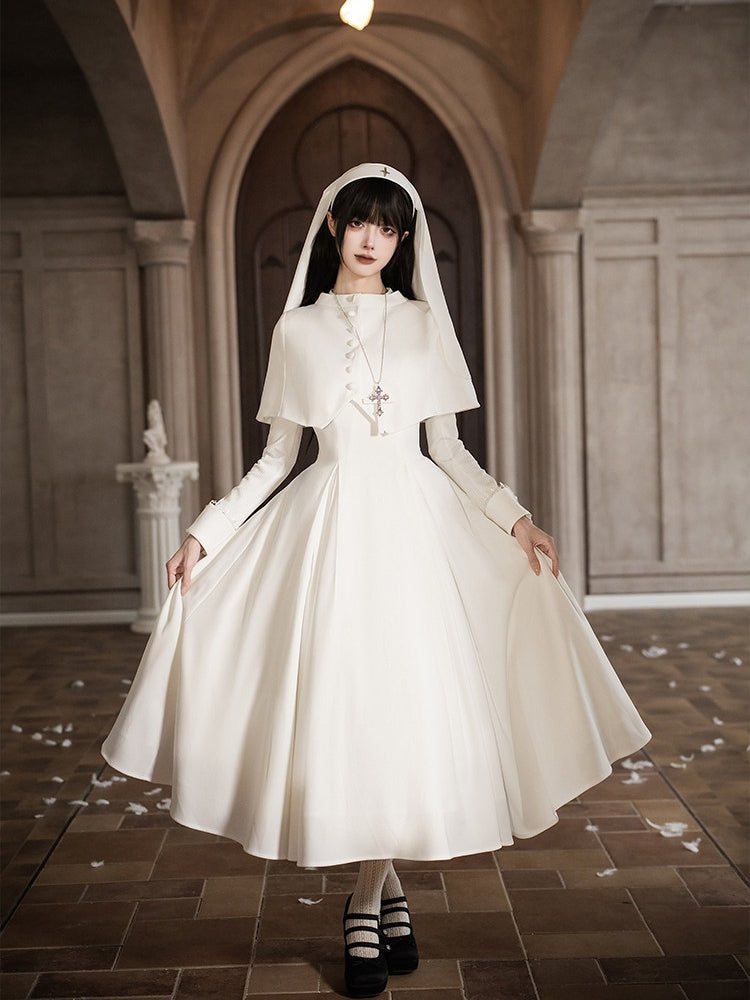 Vanitas Nun Style Flared Hem Twin Lolita White OP Set - LolitaEraWhite Short SetSVanitas Nun Style Flared Hem Twin Lolita White OP Set