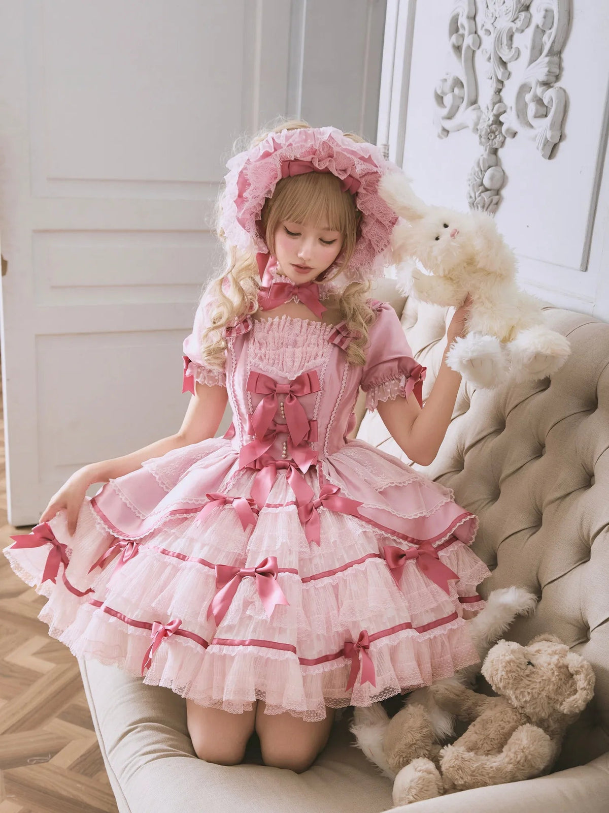 Velvet Cake Doll Pink Black Tiered Ruffle Classic Lolita JSK - LolitaEra