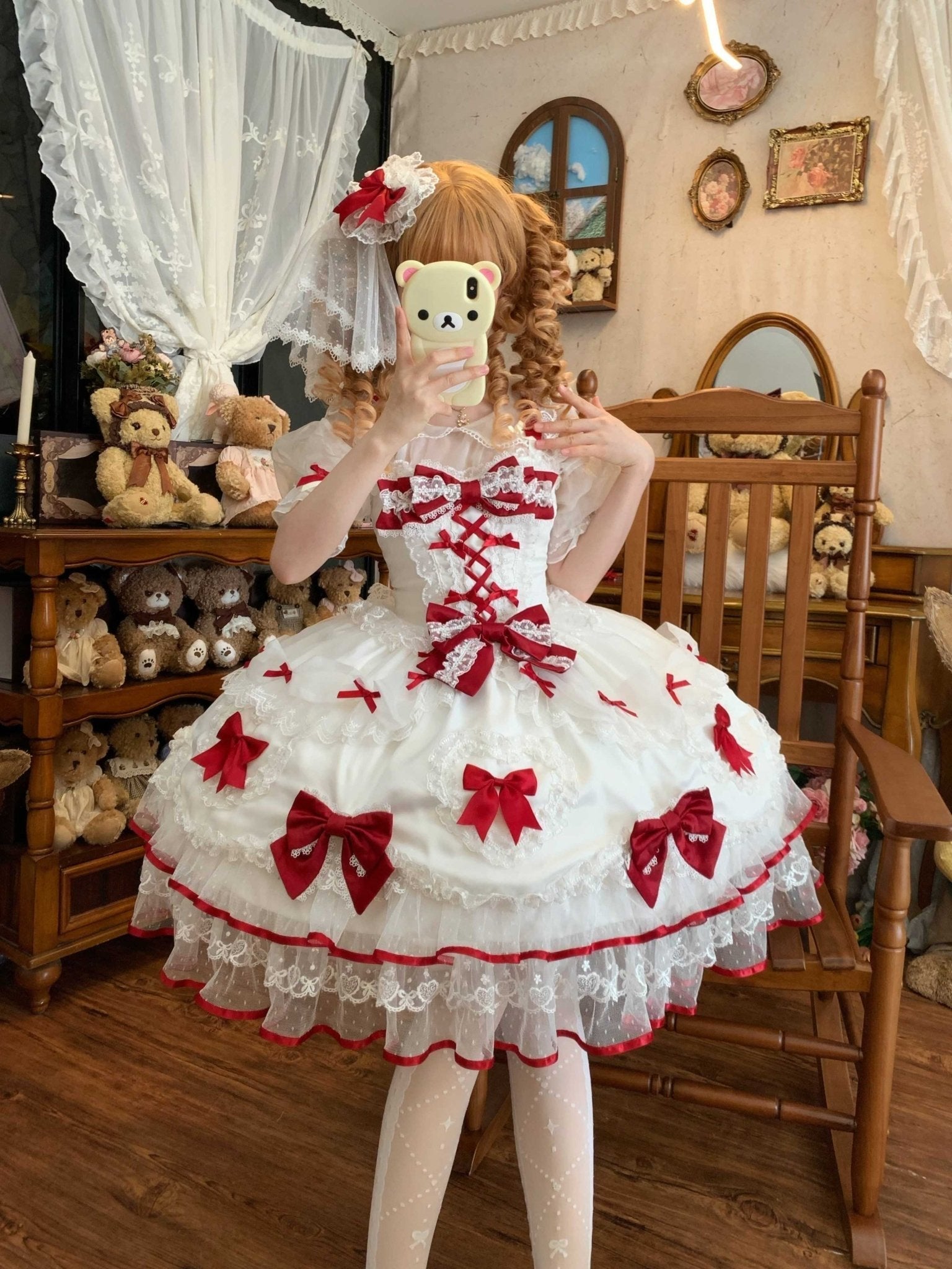 Velvet Sweetheart Lolita JSK White&Red Dress 1317 - LolitaEraRedJSK + Heart VeilSVelvet Sweetheart Lolita JSK White&Red Dress 1317