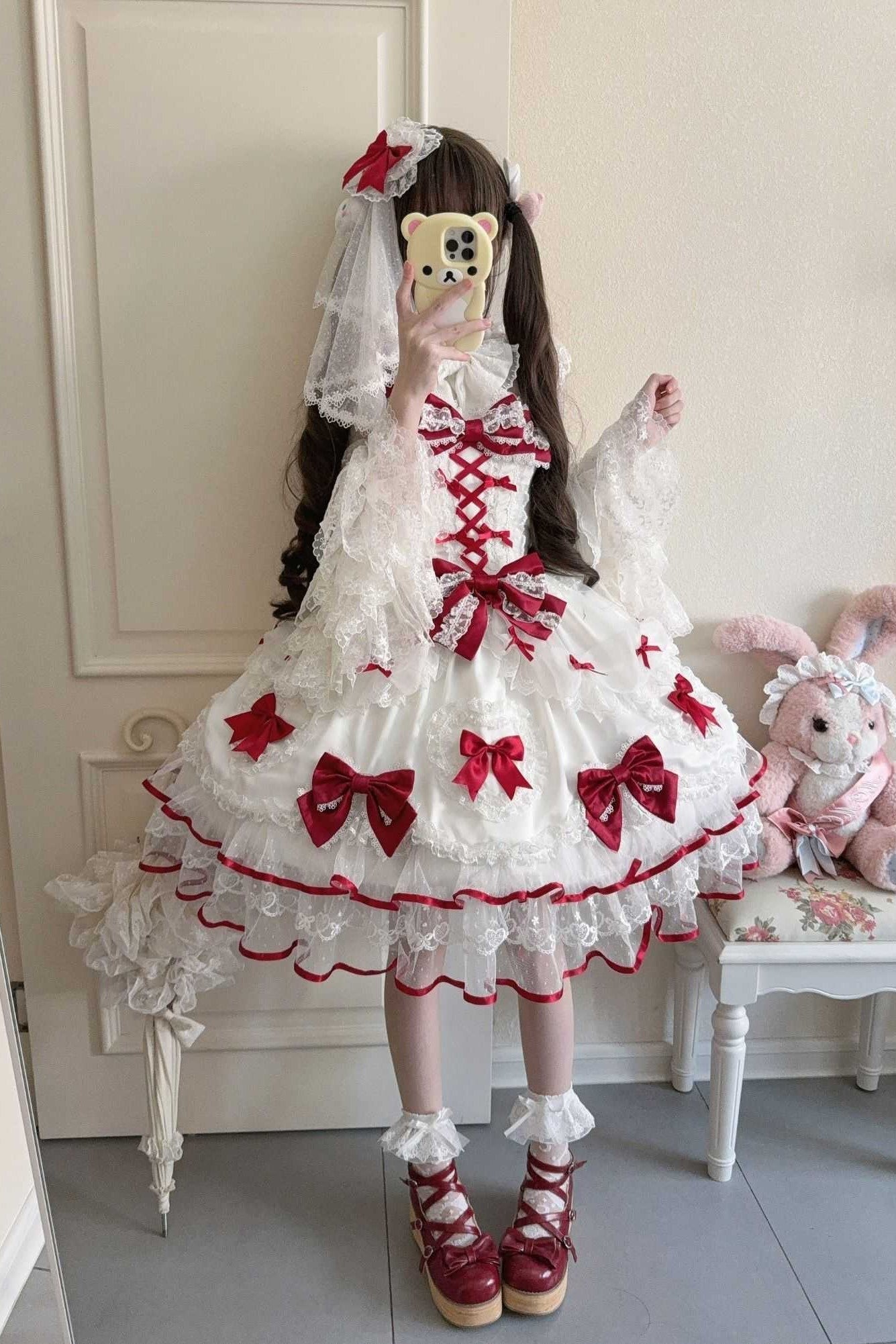 Velvet Sweetheart Lolita JSK White&Red Dress 1317 - LolitaEraRed JSK+Back Bow+VeilSVelvet Sweetheart Lolita JSK White&Red Dress 1317