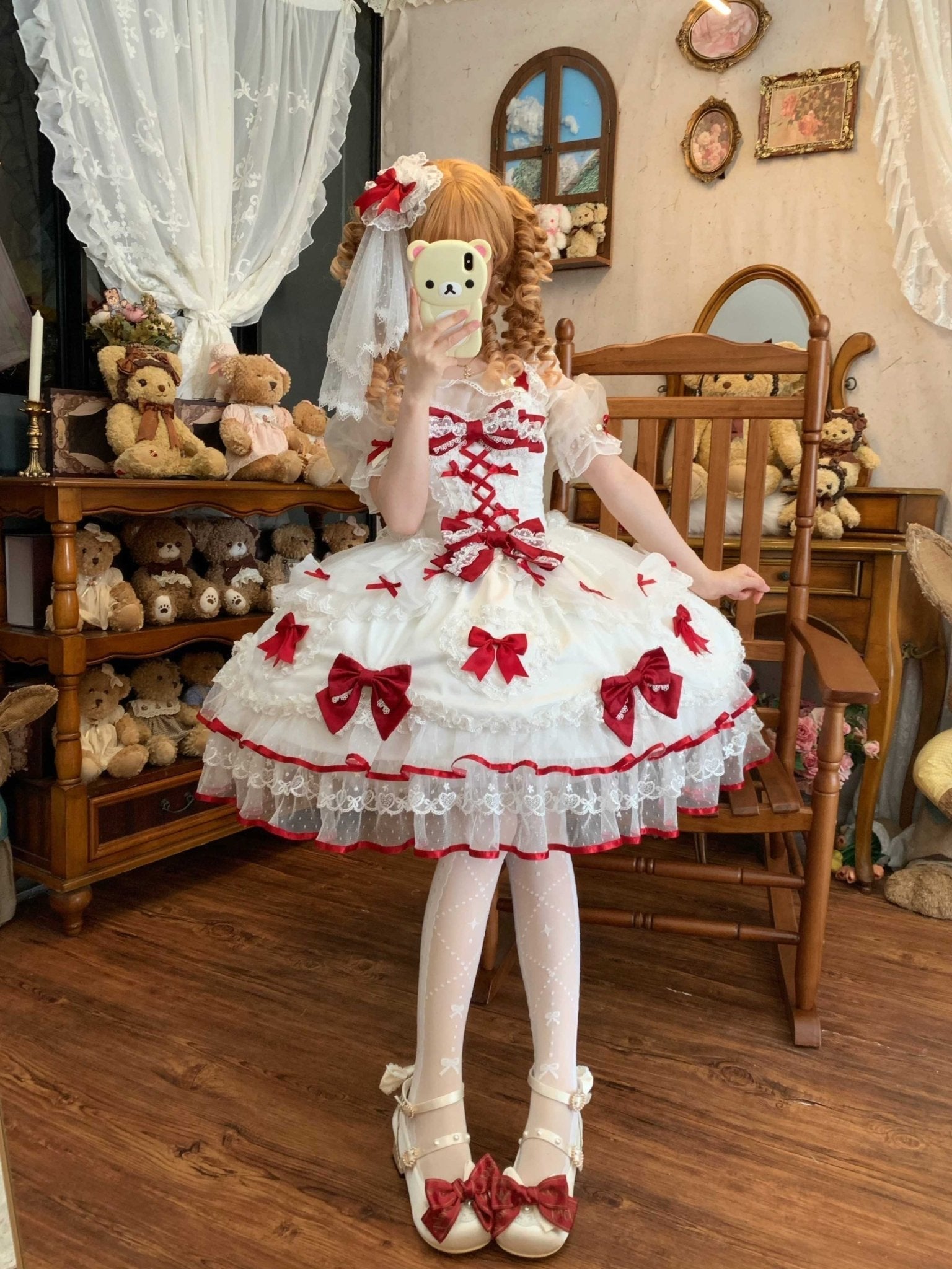Velvet Sweetheart Lolita JSK White&Red Dress 1317 - LolitaEraRed JSK+Back Bow+VeilSVelvet Sweetheart Lolita JSK White&Red Dress 1317