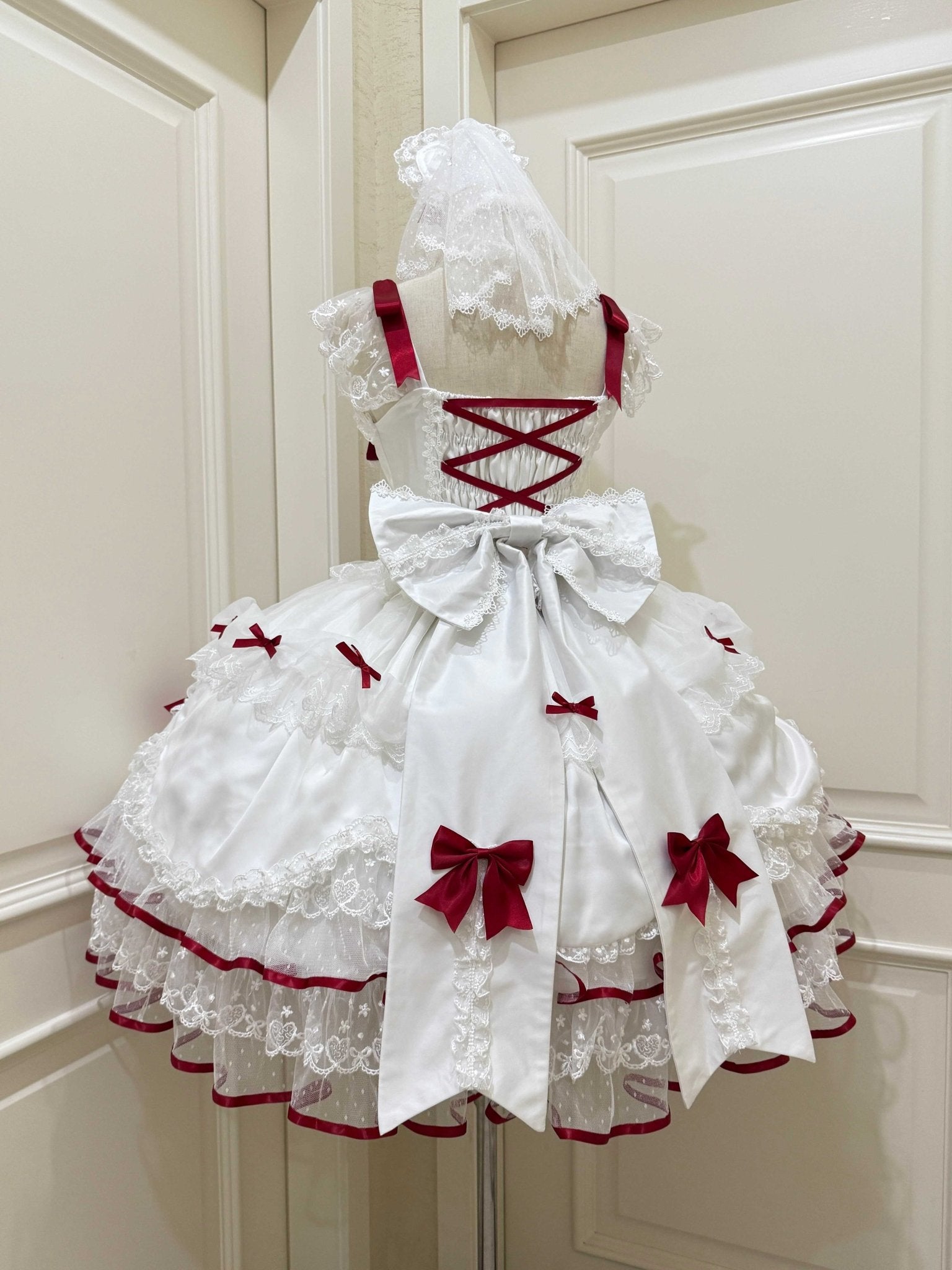 Velvet Sweetheart Lolita JSK White&Red Dress 1317 - LolitaEraRed JSK+Back BowSVelvet Sweetheart Lolita JSK White&Red Dress 1317