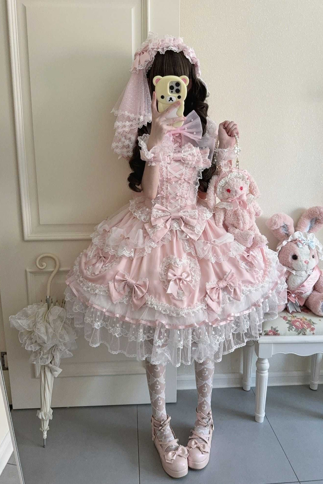 Velvet Sweetheart Lolita Pink JSK Dress 1332 - LolitaEraPink JSK+Back BowSVelvet Sweetheart Lolita Pink JSK Dress 1332