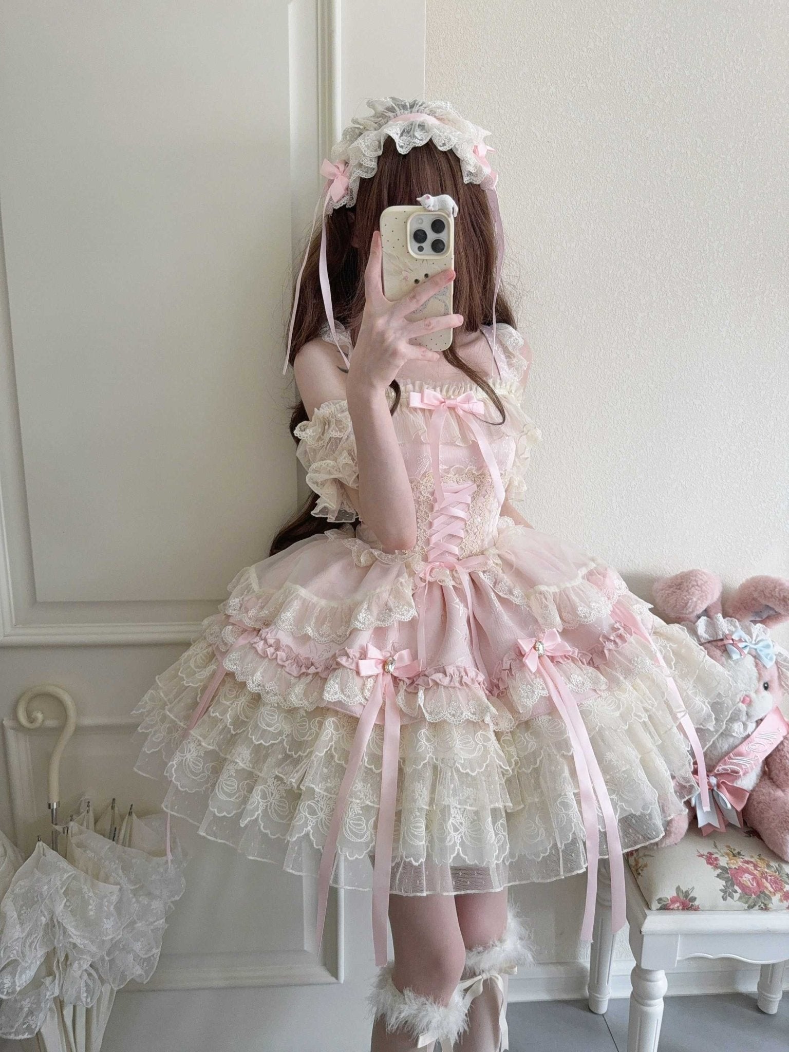 Velvet Sweetheart Lolita Pink JSK Dress 1332 - LolitaEraPink JSK+Back BowSVelvet Sweetheart Lolita Pink JSK Dress 1332