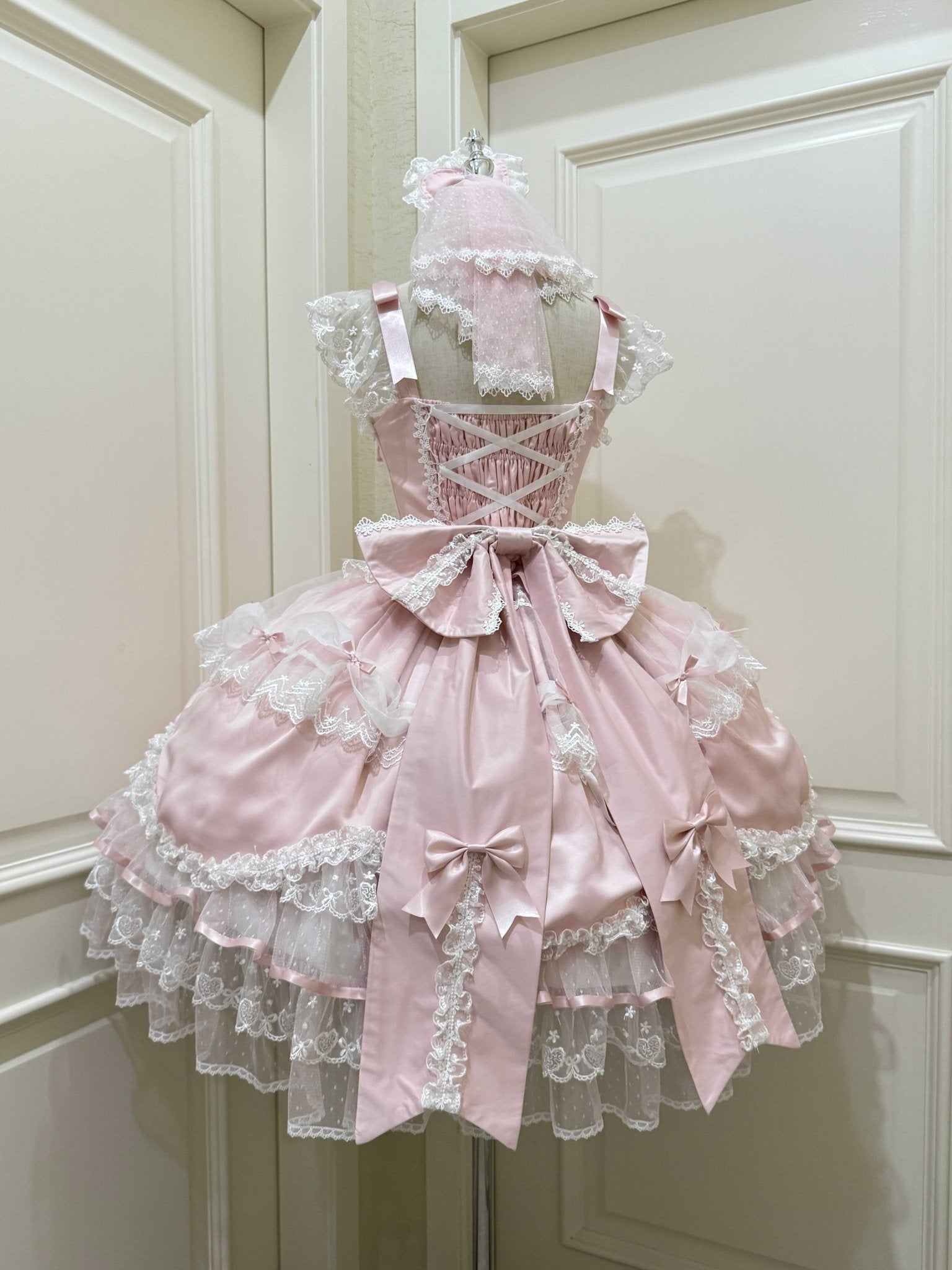 Velvet Sweetheart Lolita Pink JSK Dress 1332 - LolitaEraPink JSK+Back BowSVelvet Sweetheart Lolita Pink JSK Dress 1332