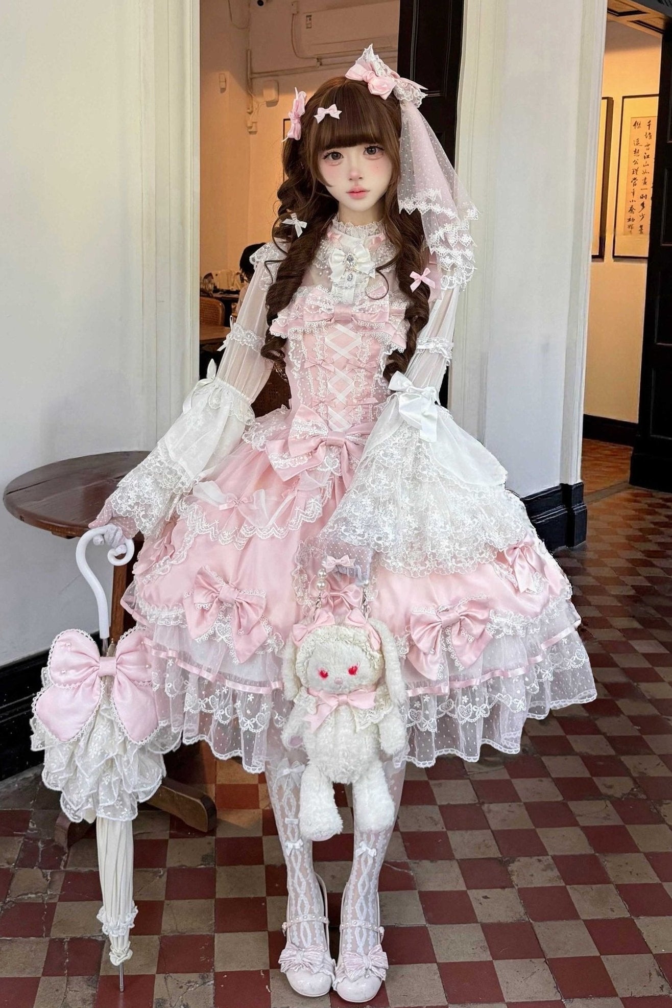 Velvet Sweetheart Lolita Pink JSK Dress 1332 - LolitaEraPink JSK+Back Bow+VeilSVelvet Sweetheart Lolita Pink JSK Dress 1332