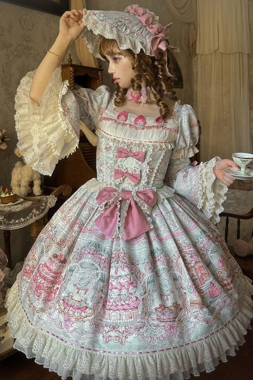 Victoria Cake Blue Grey Jacquard Vintage Sweet Lolita OP Dress - LolitaEra