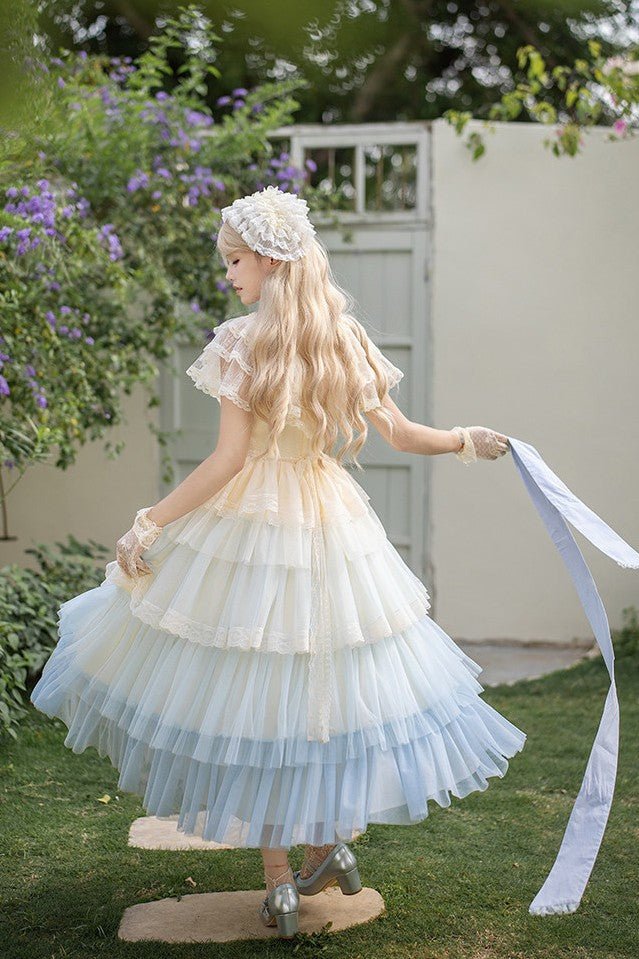 Vow Edwardian Collar Gradient Embroidery OP Cake Skirt - LolitaEraPink 4 - Piece Set (OP + Headband + Flower Veil + Belt)SVow Edwardian Collar Gradient Embroidery OP Cake Skirt