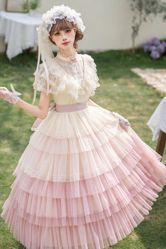 Vow Edwardian Collar Gradient Embroidery OP Cake Skirt - LolitaEraPink 4 - Piece Set (OP + Headband + Flower Veil + Belt)SVow Edwardian Collar Gradient Embroidery OP Cake Skirt