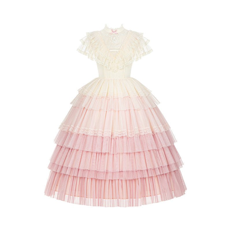 Vow Edwardian Collar Gradient Embroidery OP Cake Skirt - LolitaEraPink OPSVow Edwardian Collar Gradient Embroidery OP Cake Skirt