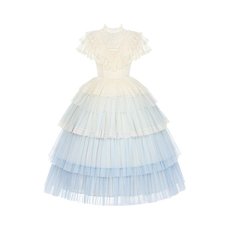 Vow Edwardian Collar Gradient Embroidery OP Cake Skirt - LolitaEraBlue OPSVow Edwardian Collar Gradient Embroidery OP Cake Skirt