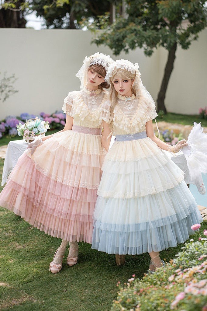 Vow Edwardian Collar Gradient Embroidery OP Cake Skirt - LolitaEraPink 4 - Piece Set (OP + Headband + Flower Veil + Belt)SVow Edwardian Collar Gradient Embroidery OP Cake Skirt