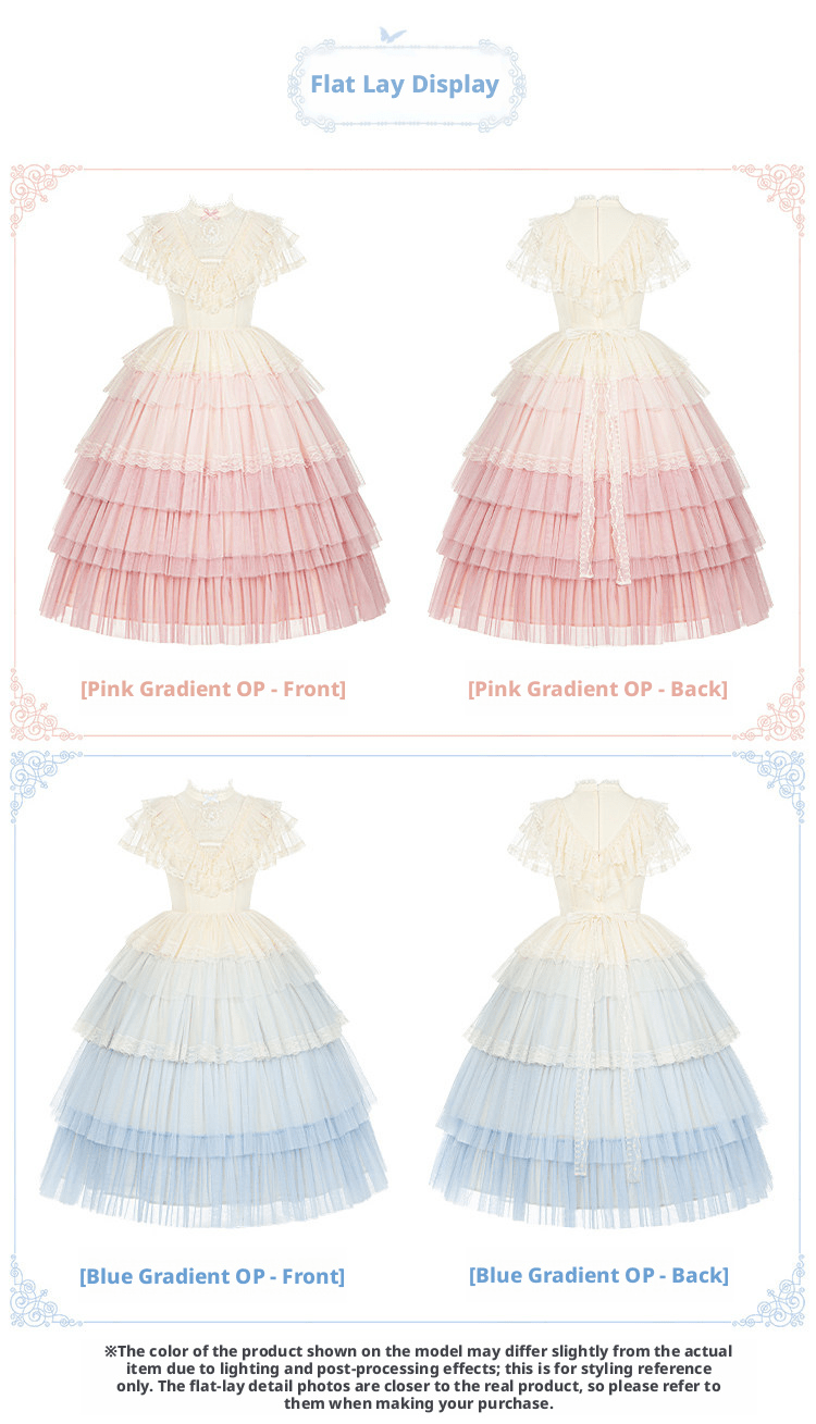 Vow Edwardian Collar Gradient Embroidery OP Cake Skirt - LolitaEraPink 4 - Piece Set (OP + Headband + Flower Veil + Belt)SVow Edwardian Collar Gradient Embroidery OP Cake Skirt