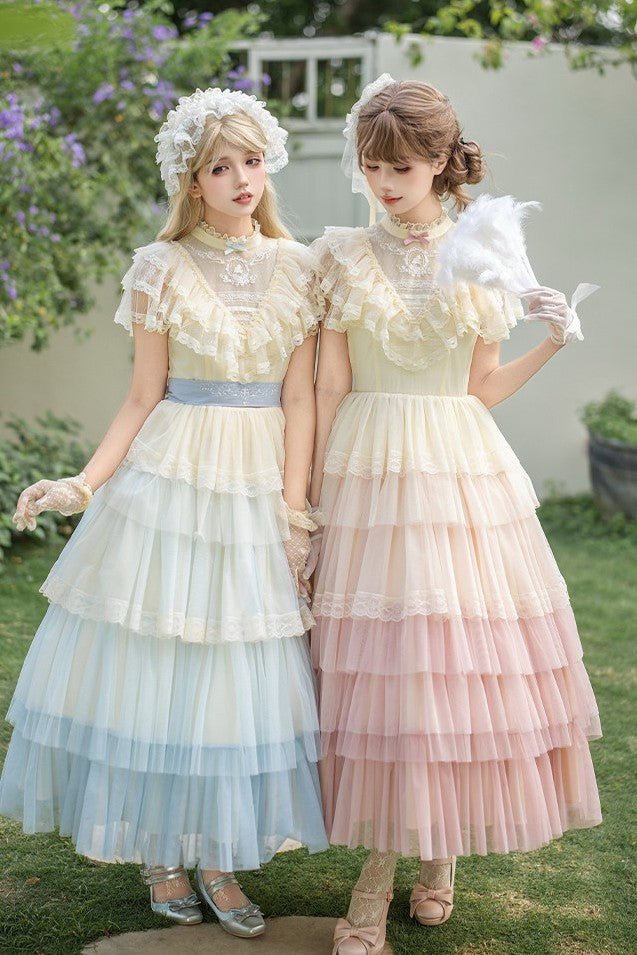 Vow Edwardian Collar Gradient Embroidery OP Cake Skirt - LolitaEraPink 4 - Piece Set (OP + Headband + Flower Veil + Belt)SVow Edwardian Collar Gradient Embroidery OP Cake Skirt