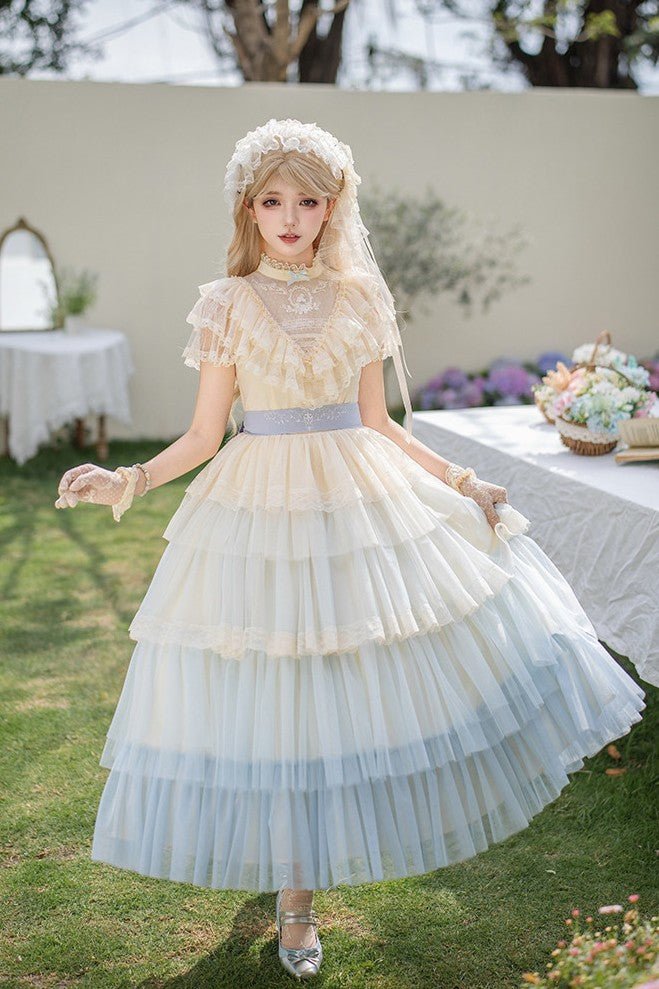 Vow Edwardian Collar Gradient Embroidery OP Cake Skirt - LolitaEraPink 4 - Piece Set (OP + Headband + Flower Veil + Belt)SVow Edwardian Collar Gradient Embroidery OP Cake Skirt