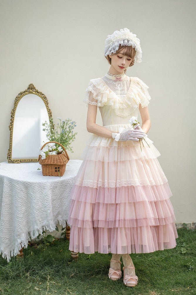 Vow Edwardian Collar Gradient Embroidery OP Cake Skirt - LolitaEraPink 4 - Piece Set (OP + Headband + Flower Veil + Belt)SVow Edwardian Collar Gradient Embroidery OP Cake Skirt