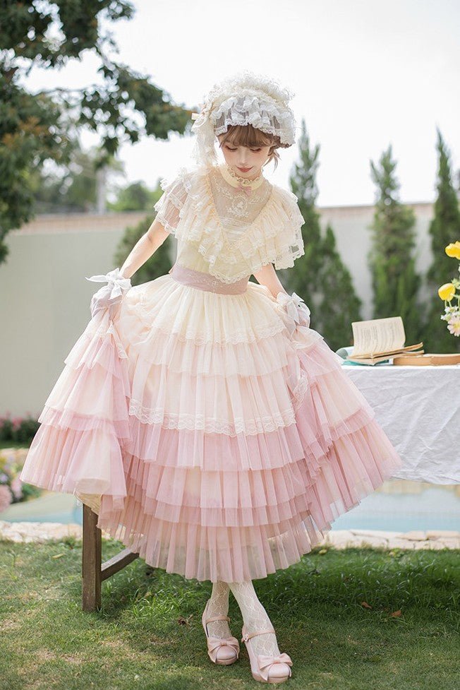 Vow Edwardian Collar Gradient Embroidery OP Cake Skirt - LolitaEraPink 4 - Piece Set (OP + Headband + Flower Veil + Belt)SVow Edwardian Collar Gradient Embroidery OP Cake Skirt