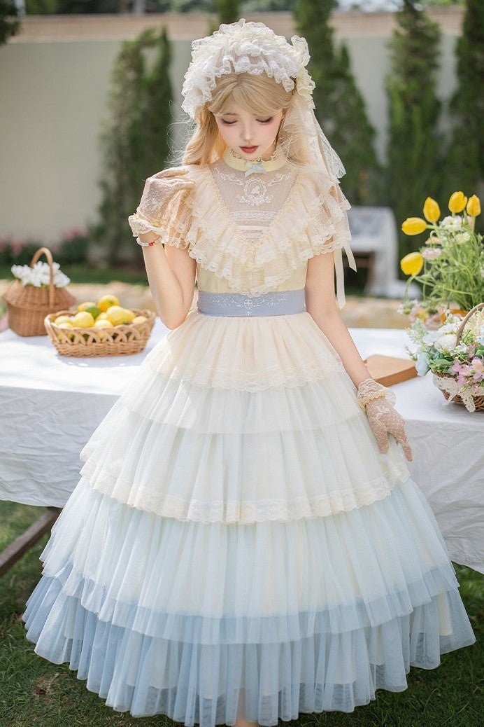 Vow Edwardian Collar Gradient Embroidery OP Cake Skirt - LolitaEraPink 4 - Piece Set (OP + Headband + Flower Veil + Belt)SVow Edwardian Collar Gradient Embroidery OP Cake Skirt