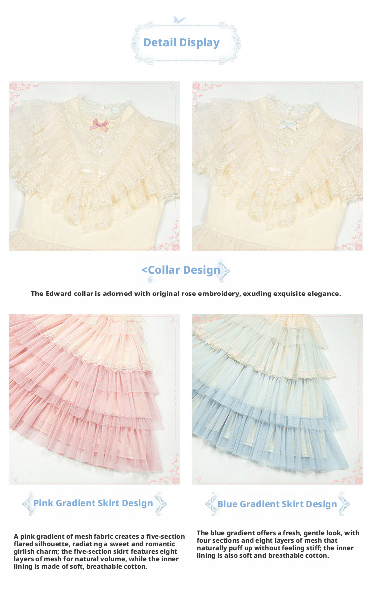 Vow Edwardian Collar Gradient Embroidery OP Cake Skirt - LolitaEraPink 4 - Piece Set (OP + Headband + Flower Veil + Belt)SVow Edwardian Collar Gradient Embroidery OP Cake Skirt