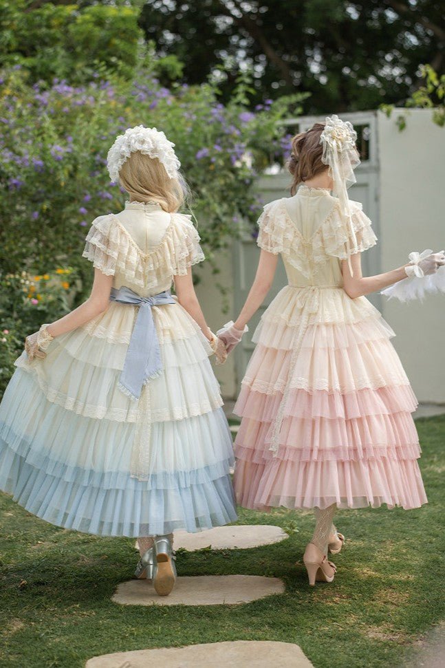 Vow Edwardian Collar Gradient Embroidery OP Cake Skirt - LolitaEraPink 4 - Piece Set (OP + Headband + Flower Veil + Belt)SVow Edwardian Collar Gradient Embroidery OP Cake Skirt