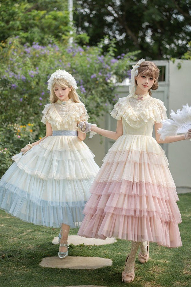 Vow Edwardian Collar Gradient Embroidery OP Cake Skirt - LolitaEraPink 4 - Piece Set (OP + Headband + Flower Veil + Belt)SVow Edwardian Collar Gradient Embroidery OP Cake Skirt