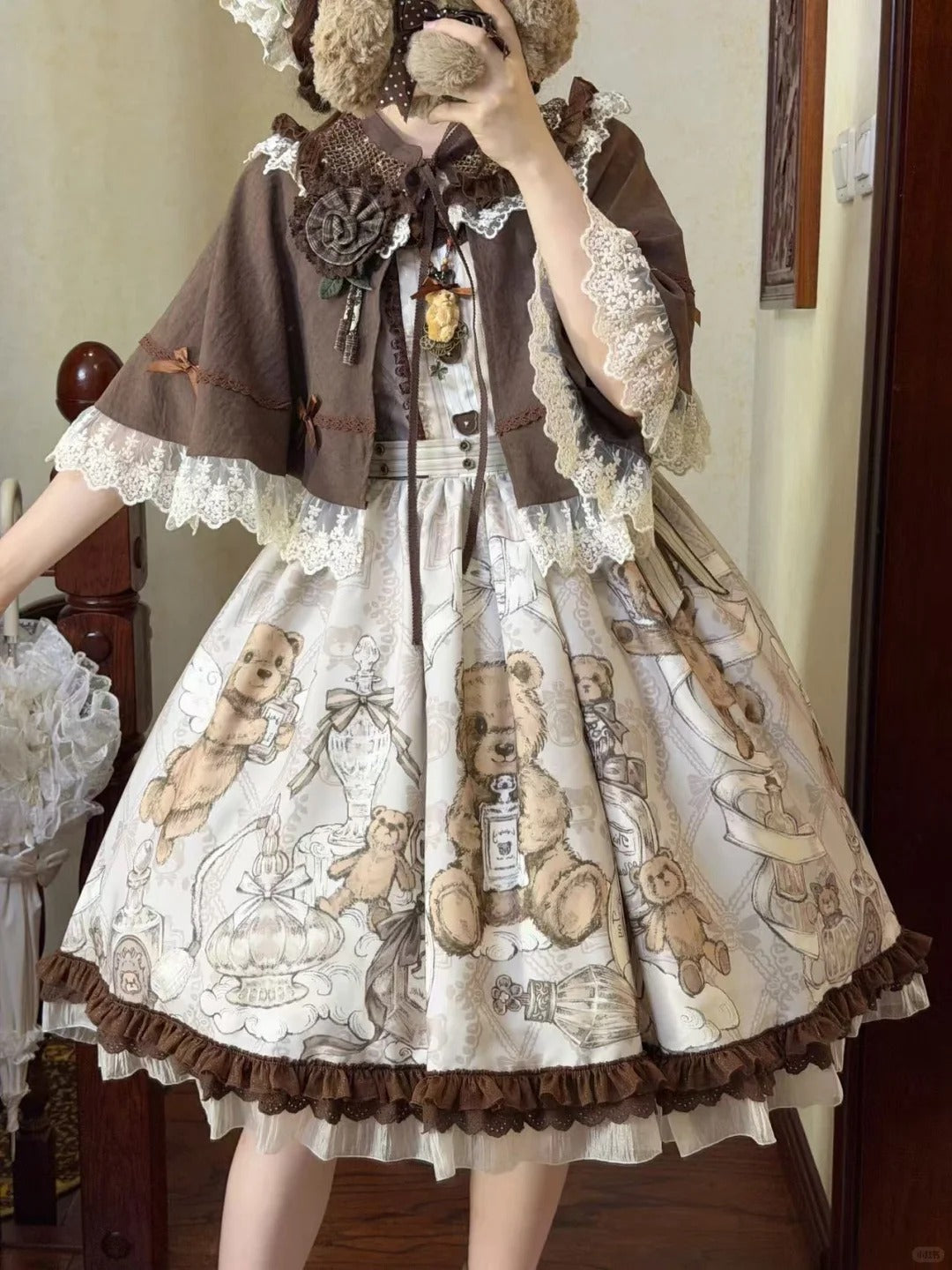 Fula Bear's Perfume Shop Lolita Vintage Bear Print OP Dress
