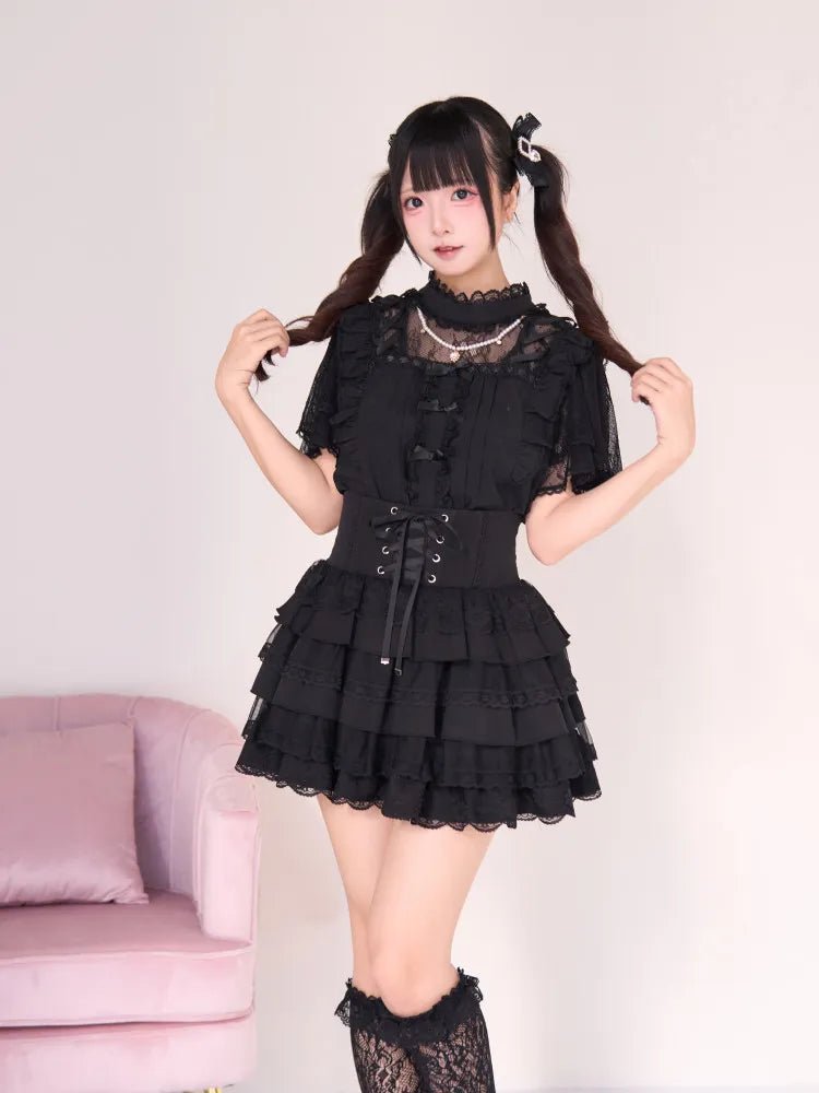 Waltz Square Collar Mass Produced Shirt & Fitted Waist Tiered Skirt Set - LolitaEra