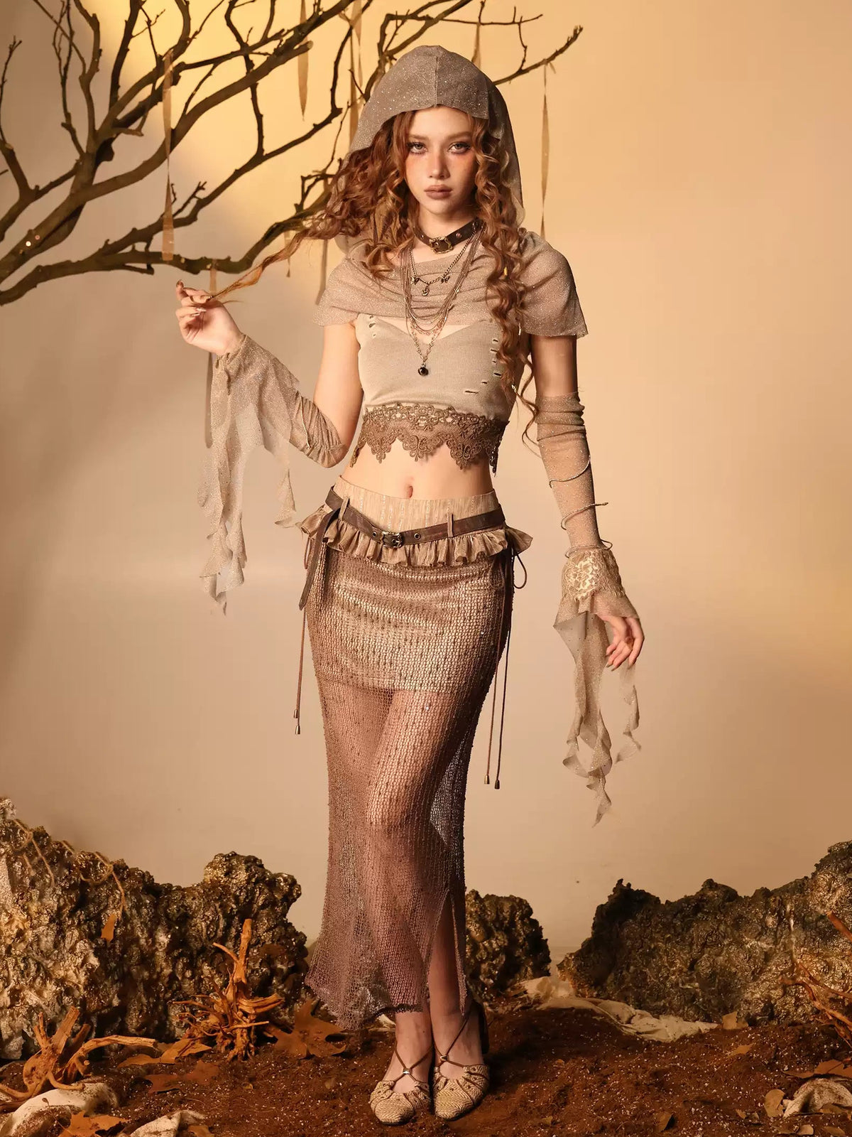 Wasteland Style Distressed Patchwork Sheer Mesh Low Waist Maxi Skirt