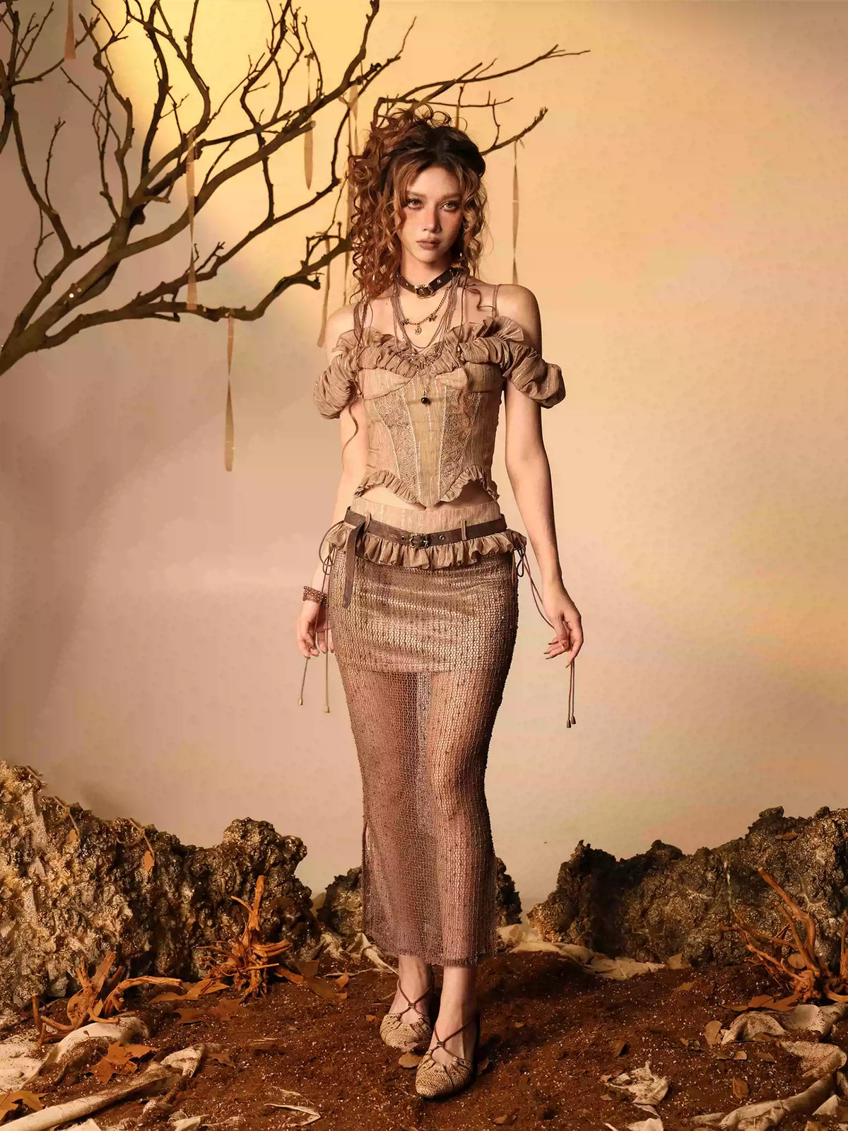 Wasteland Style Distressed Patchwork Sheer Mesh Low Waist Maxi Skirt