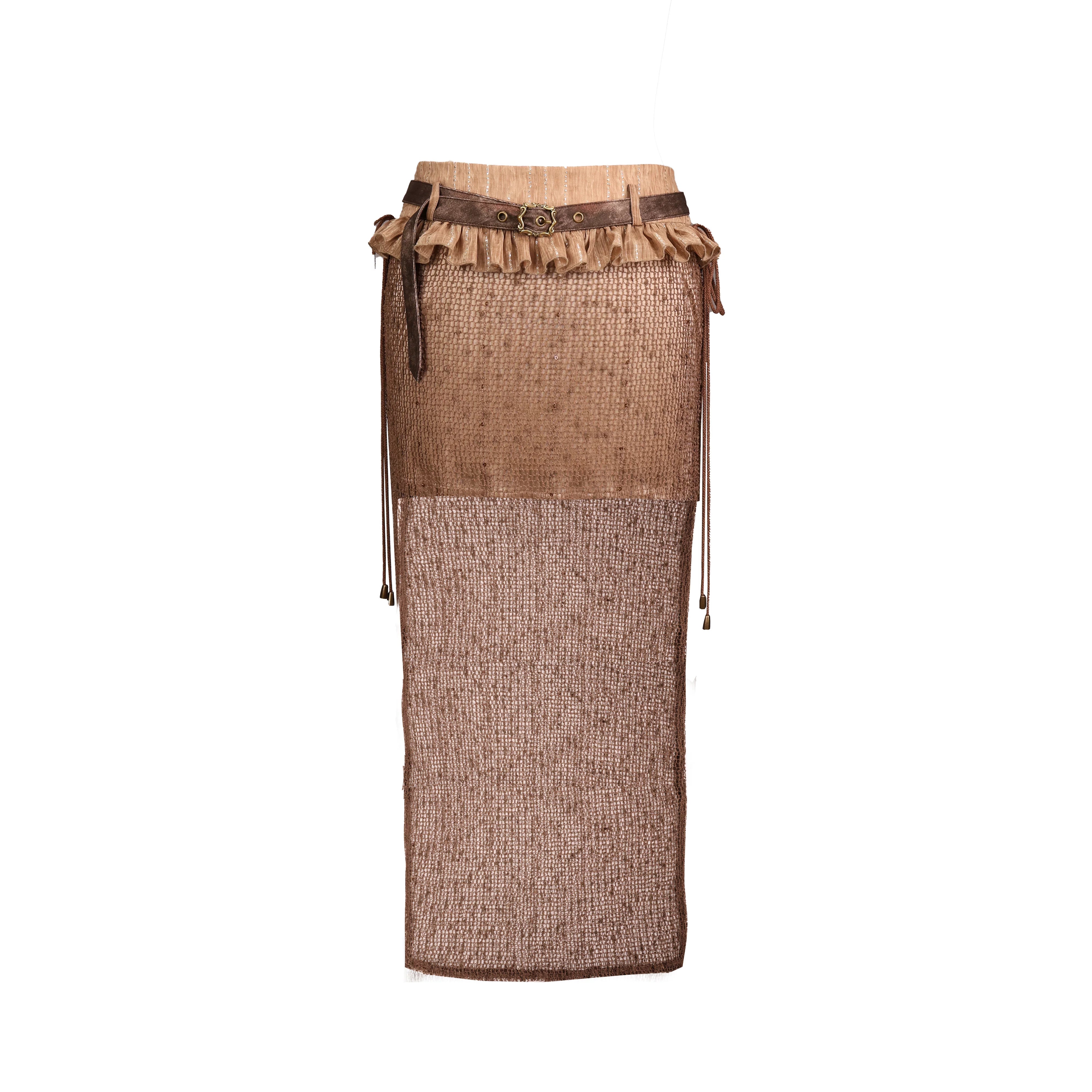 Wasteland Style Distressed Patchwork Sheer Mesh Low Waist Maxi Skirt