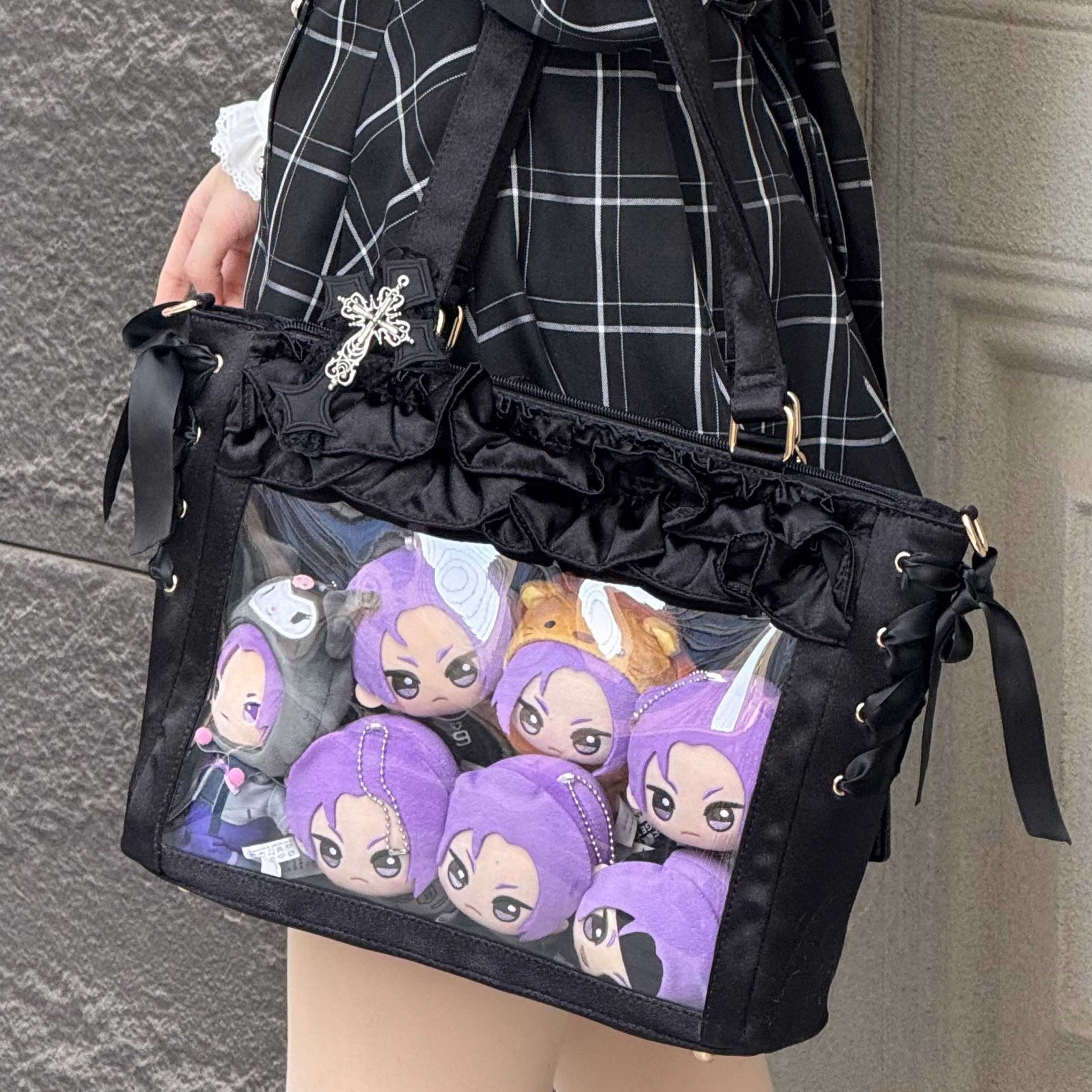Wave Satin Crossbody Ribbon Bow Ita Bag 1288 - LolitaEraBlackWave Satin Crossbody Ribbon Bow Ita Bag 1288