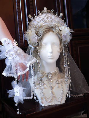 White Bridal Lolita Tiara and Necklace Set LE4154 - LolitaEraSleevesWhite Bridal Lolita Tiara and Necklace Set LE4154