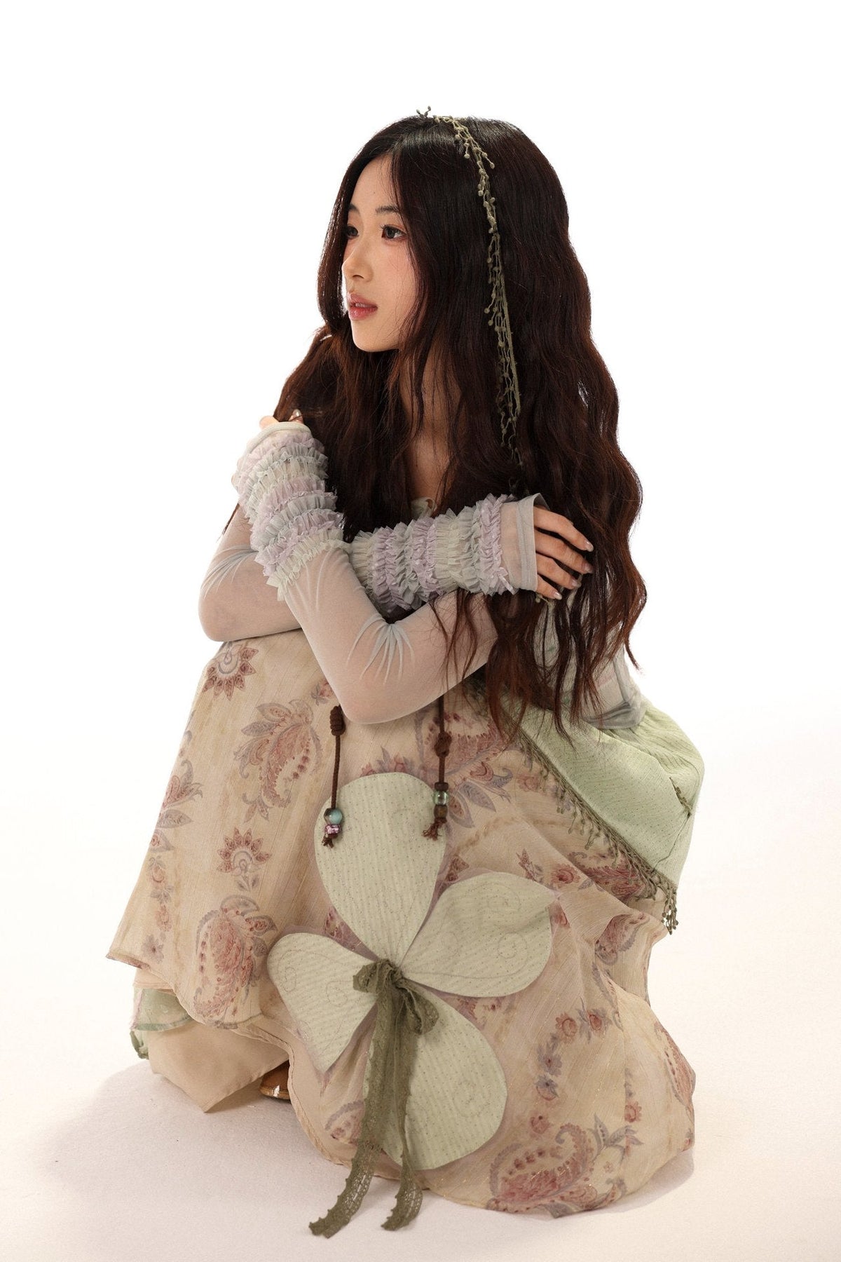 White Clover Sage Green Irregular Patchwork Drawstring Midi Skirt - LolitaEra