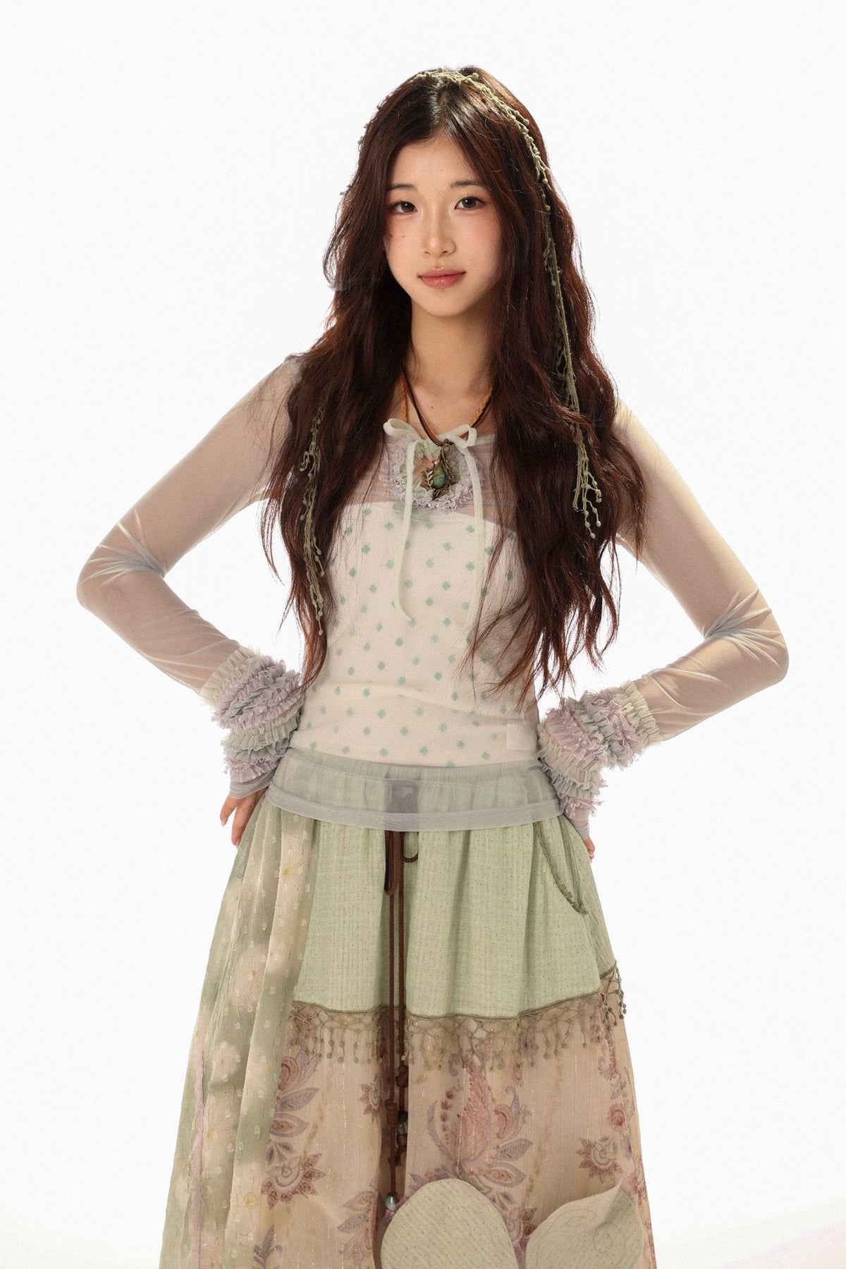 White Clover Sage Green Irregular Patchwork Drawstring Midi Skirt - LolitaEra