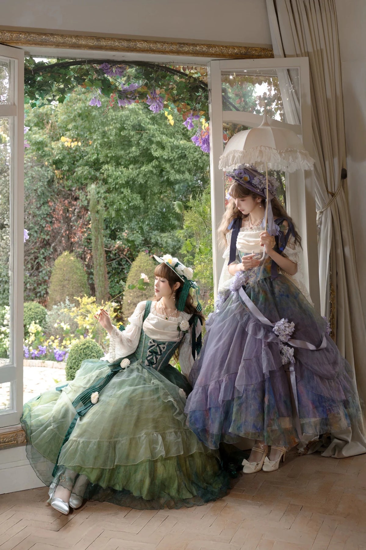 Wild Roses of Arles Purple Green Oil Painting Print Cowl Neck Tail JSK Classic Lolita Dress - LolitaEra